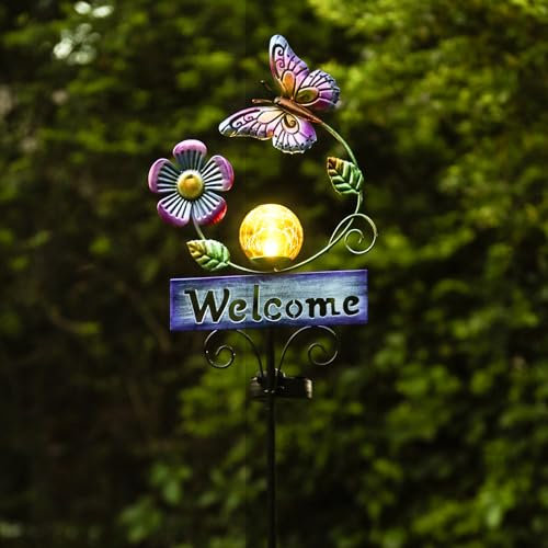 LOVERUIS Luces solares de jardín al aire libre, lámpara de luna de hadas, impermeable, luz solar con bola de vidrio agrietado, luces LED de estaca, ángel decorativo para tumba, balcón, césped, patio,