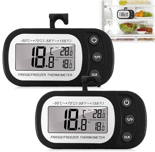 Asfrode Termometro digitale per frigorifero, 2 pezzi, termometro per frigorifero con gancio e magnete, display LCD, termometro digitale per frigorifero interno, funzione max/min (2 nero)