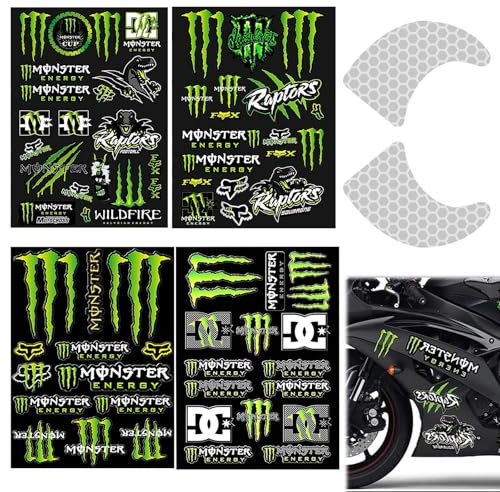 Meifiyu Monster Energy Motorradhelm Aufkleber, 4 Stück, Grün, Vinyl, Selbstklebend, Rechteckig, Outdoor, Aufkleber, Helmaufkleber