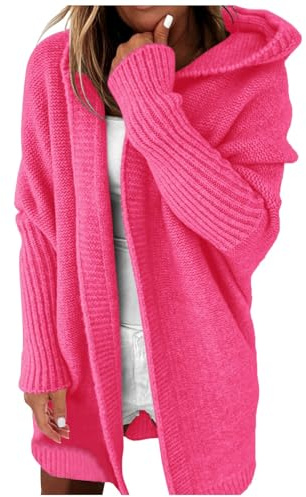Kofta dam lång vinter grovstickad tjock huvtröja oversize långärmad jacka stickad tröja toppar fritid pullover lång kofta lång jacka koftor, Het rosa, S