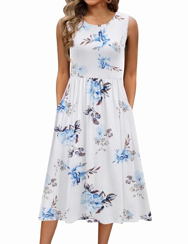 Zeagoo Vestidos de Verano para Mujer Sin Mangas Cuello Redondo Camisolas Vestido de Elegante Boho Floral Playa Largo Dress con Bolsillos Flor Blanca y Azul S