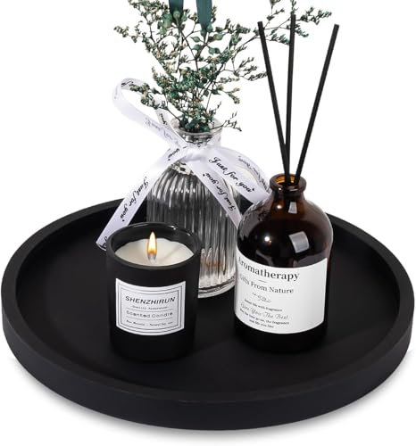 Silicone Bathroom Tray Round Vanity Tray Decorative Soap Holder Kitchen Countertop Organizer Coffee Table Decor for Candle, Perfume, Plant (Black, 9)