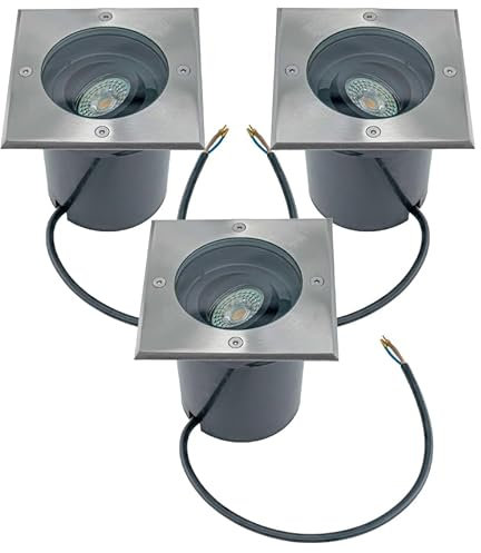 JungesLicht 3x Bodeneinbauleuchte außen, schwenkbar, GU10, Edelstahl Bodenstrahler IP67, 2000kg belastbar, 230V Anschluß, 130mm Ø, Fassadenleuchte, Pflanzenbeleuchtung, ohne Leuchtmittel (ECKIG)