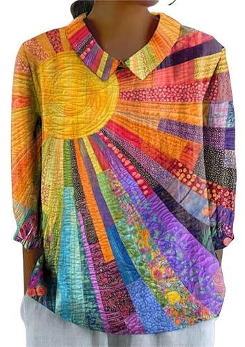 keephen Femmes Vintage Style Ethnique Fleurs Colorées Impression 3D Manches Longues Col Chemises Bulle Crêpe Léger Chemisier Dames Boho Vacances Hauts en Plein Air