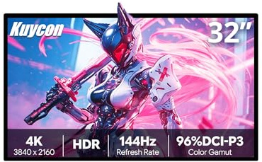 Kuycon P32K 32-tums 4K UHD-spelmonitor – 144 Hz, 1 ms MPRT, IPS Black, HDR10, kompatibel med G-Sync och AMD FreeSync, HDMI 2.1,178° bred betraktningsvinkel (Minimalist – utan stativ)