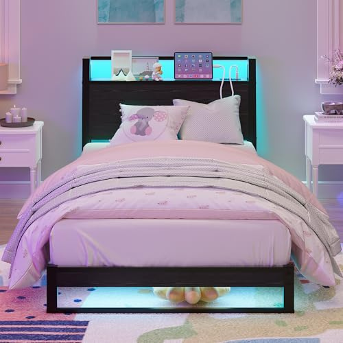 MUZERUL Cama de 90 x 200 cm con cabecero ergonómico con espacio de almacenamiento, cama individual de metal, estructura de cama con estación de carga e iluminación LED, ideal para dormitorio