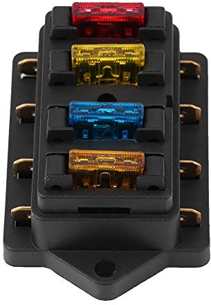 RASTKY Soporte de Bloque de Caja de Fusibles de Cuchilla de 4 Vías para Automóvil de 12-24 V con Fusible de 5 A + 10 A + 15 A + 20 A, Cubierta Transparente, ABS + Latón, Negro, Construcción