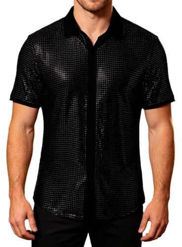 Camisa de Hombre-Camisa Disco Manga Corta con Solapa Top Lentejuelas para Salir Noche Discoteca Hombre Elegante