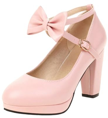 Vhersily 2026 Mujer Punta Redonda Stylish Novia Tacón Chunky Pump con Correa de Tobillo Correas Planas Dirndl Zapatos de Novia Cerrados con Plataforma Mary Jane Elegante Correa de Tobillo, Rosa, 39 EU