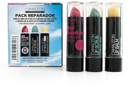 Camaleon Cosmetics - Pack Reparador - Bálsamo Reparador + Exfoliante + Bálsamo Color y SPF50 - Vegano - 3 Unidades - 12gr