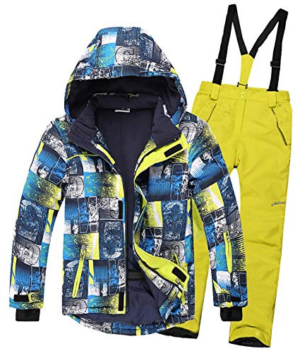 SXSHUN Combinaison de Ski/Neige Manteau et Salopettes Pantalons Epaisse Imperméable Coup Vent pour Enfant Fille Garçon 3-16 Ans, Bleu + Jaune, 7-8 Ans/Stature 120-130cm