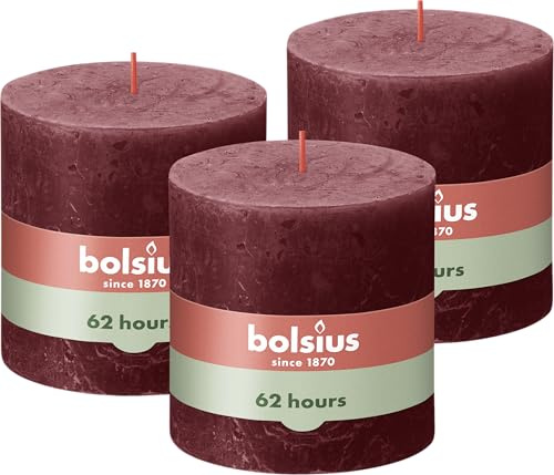 Bolsius - Lot de 3 bougies pilier XXL Rouge 10 x 10 cm – Bougies décoratives – Longueur de combustion 62 heures – Sans parfum – Cire végétale naturelle – Sans huile de palme