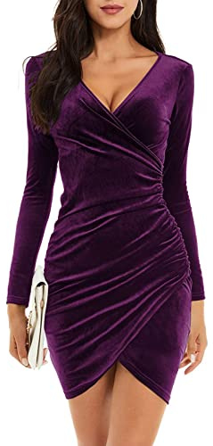 Niwicee klänning dam nyårsafton jul sexig cocktailklänning vinterklänning aftonklänning långärmad elegant V sammet bodycon lång vinter sammet festklänning halloween klänning, violett, L