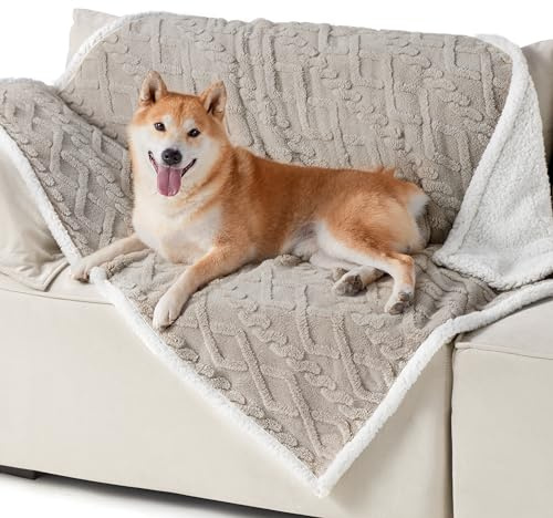 Bedsure Waterproof Dog Blankets for Large Dogs - Pet Blanket for Couch Protector Washable, Jacquard Coral Fleece Cat Throw Blanket, Soft Plush Reversible Furniture Protection, 40x50, Pale Oak