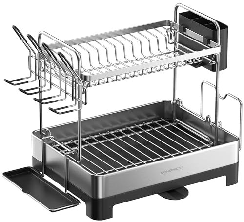 SONGMICS Dish Drying Rack, 2-Tier Stainless Steel Dish Drainer with Extendable Spout, Drainboard, Cup Holder, Fingerprint-Resistant, for Kitchen, 32.5 x 58 x 39.6 cm, Silver and Black KCS032B01