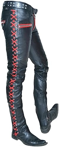 Pantalones de cuero rojo para hombre con cordones laterales Pantalones vaqueros | Colección de pantalones de cuero para hombre, Negro y rojo - Cuero auténtico, XXS