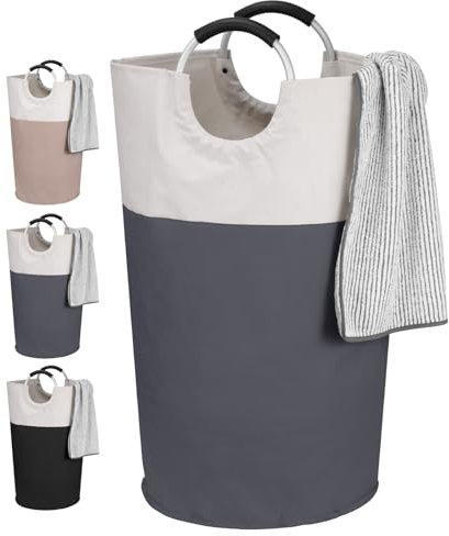IHOMAGIC 95L Panier a Linge avec Poignées, Grande Capacité Sac à Linge Faciles à Transporter, Panier de Rangement Pliage Corbeille à Linge pour les vêtements, les serviettes, les jouets (Gris Foncé)