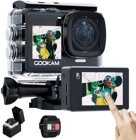 GOOKAM Go7 Action Cam 4K Doppio Schermo 20MP WiFi 40M Fotocamera Subacquea EIS Stabilizzazione Videocamera 170° Grandangolare, 2.4G Telecomando, 2 * 1350mAh Batterie, Kits di Accessori