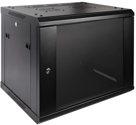 RackPath 9U Professionellt väggmonterat serverskåp nätverksställ hölje, 2 x tyst kylfläkt, låsande glasdörr, svart