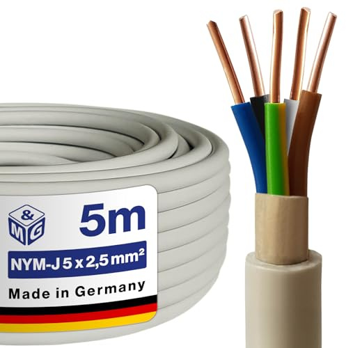 M&G Techno NYM-J 5x2,5 mm² Stromkabel 5 Polig NYM Kabel 5 adrig Mantelleitung Erdkabel Elektrokabel Feuchtraumkabel elektrische Leitung 5m