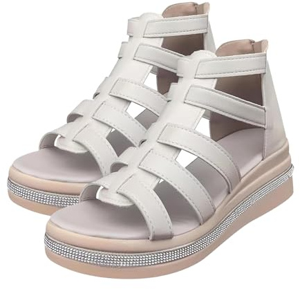 ZPLMIDE Sandali da donna con zeppa e decorazione con strass, estivi, in morbida pelle, con plateau, punta aperta, sandali gladiatore, scarpe con zeppa con cerniera, Beige, 37 EU