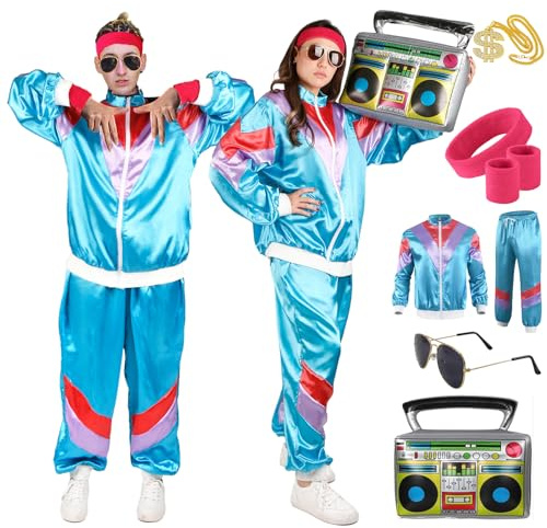 Déguisement Année 80 Femme Homme, Costume Survêtemen Années 80 90 Accessoire Jogging Tenue Bad Taste Rétro Disco Survêtement TenueVeste Pantalon Sport Carnaval Halloween Cosplay Party Couple Vetement