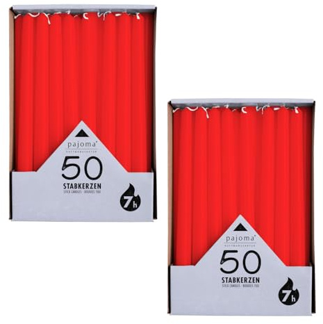 pajoma® Stångljus röd | Höjd 25 cm, Ø 2 cm | brinntid ca. 7 timmar | Mångsidig som bord, dekoration, julljus och för gastro-evenemang (röd, 50 stycken (2-pack)