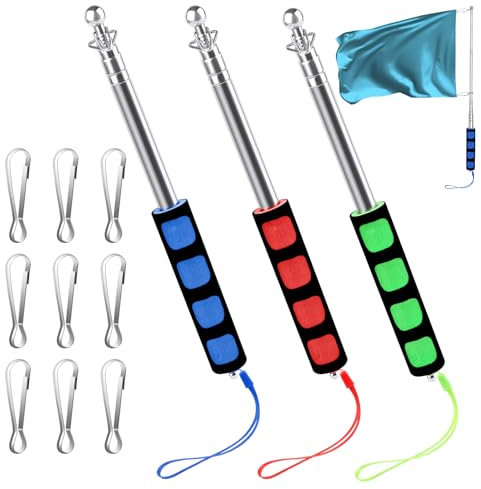 3 Piezas Astas Bandera Telescópicas, 1.6m Mástiles Telescopico Bandera, Asta de Bandera Portátil, Extensible Asta de Bandera con 9 Clips, Asta Bandera, Mastil Bandera para Guías de Viaje Campamentos