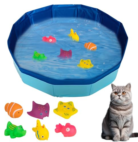 Kattpool 30 x 10 cm, vikbar kattpool med 6 leksaker, minipool för katter hundar, kattleksak swimmingpool, plaskdamm för katt hundbadkar, vattenleksak minipool för sommar (A)