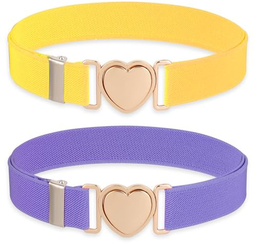 Molain 2 Pack Girls Belt for Waist Size 15-30, Kids Elastic Belt Heart-Shaped Metal Buckle Waist Belt for Girls, Elastic Stretch Belts for Kids Dress Pants Jeans(Yellow+Purple)