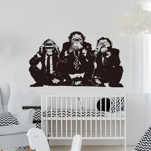 PLIGREAT 2 hojas de calcomanías de pared de mono de Banksy Three Wise Monkey, calcomanías de vinilo extraíbles para la calle, Banksy Graffiti, murales de arte de pared para oficina, hombres