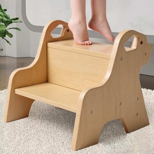 Tritthocker für Kinder - 2-Stufig Hocker Kinderschemel, mit Antirutschmatte und Griff, Multifunktional Tritthocker Holz für Badezimmer, Küche, Kinderzimmer, Kinder, Erwachsene, Senioren (Holzfarben)
