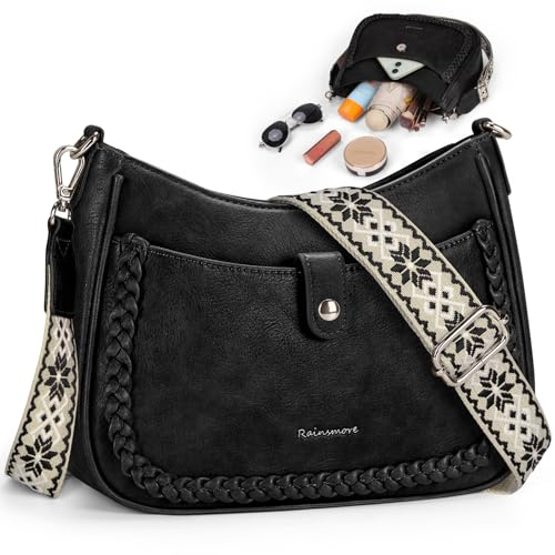 RAINSMORE Umhängetasche Damen Mittelgroß, Handtasche Damen Umhängetasche PU Leder Crossbody Bag Schultertasche mit Breiten Schultergurten Schwarz