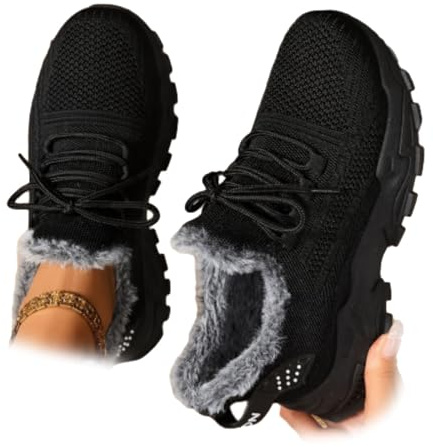 Zapatillas ortopédicas para mujer con forro de vellón para el invierno, ligeras con cordones, entrenadores ortopédicos de cuña ancha con soporte de arco, zapatillas atléticas, Black, 44 EU