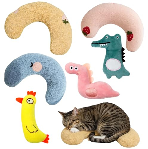 JazRvr Juego de 6 cojines de valeriana para gatos con forma de U y animales de juguete, efecto calmante, azul, amarillo, rosa
