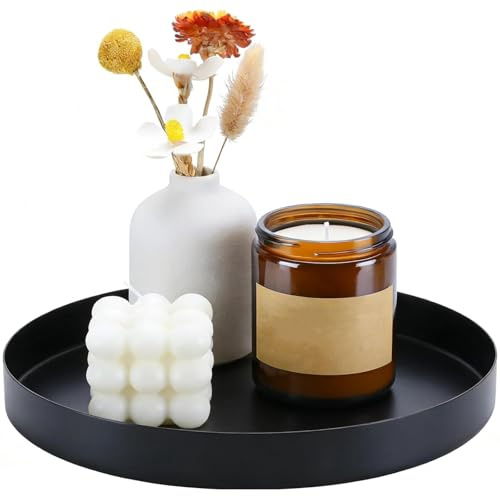 JYYWTSI Vassoio Decorativo Rotondo Nero in Metallo 20 cm, Vassoio Nero Opaco Design Elegante, Vassoio Portaoggetti per Bagno, Gioielli, Cosmetici e Candele