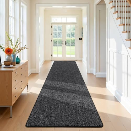 SHACOS Alfombra larga antideslizante para pasillo, 80 x 400 cm, atrapa suciedad, lavable, para interiores, cocina, pasillo, entrada, dormitorio, uso intensivo, color gris y negro