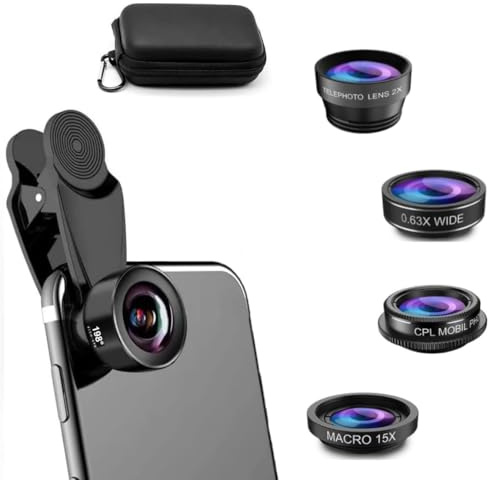 Bailonda Objetivo para movil 5 en 1,Objetivo Ojo de pez de 198°,Gran Angular de 0.63°,Lente Macro para movil+CPL Objetivo/2X Teleobjetivo para iPhone Samsung y la mayoría desmartphones (Negro)