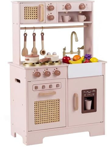COSTWAY Kids Play Kitchen, Wooden Pretend Toy Kitchen with Realistic Lights & Sounds, Stoves, Sink, Faucet, Oven, Ice Machine, Microwave, Coffee Maker, Children Chef Role Playset for 3+ (Pink)