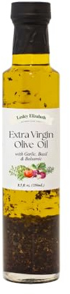 Lesley Elizabeth Extra Virgin Olive Oil with Garlic, Basil & Balsamic, 8.5 fl oz – Small-Batch Herb-Infused EVOO for Dipping, Drizzling, Dressings & Everyday Cooking – All-Natural, Plant-Based Ingredients