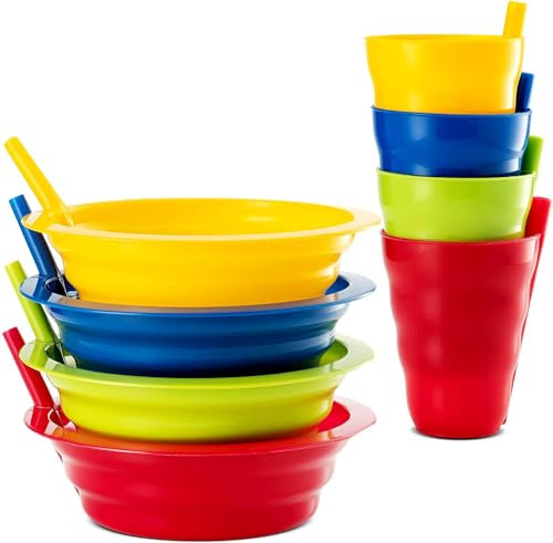 Plaskidy Müslischalen mit Strohhalmen und Kinder-Trinkbecher – Set von 4 Schalen mit Trinkhalmen für Kinder, und 4 Trinkhalmbecher für Kinder, spülmaschinenfest, ideal für Kinder und Kleinkinder