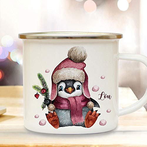 ilka parey wandtattoo-welt Emaille Becher Camping Tasse Winter Pinguin & Name Wunschname Kaffeetasse Weihnachten Geschenk Weihnachtsmotiv eb475