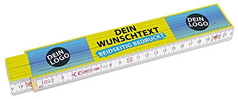 2 Meter Zollstock bedrucken mit Text und 2 Logos - Beidseitig bedruckter Zollstock mit Namen und 2 Logos personalisierte Werbeartikel, Werbegeschenke | Buchenholz, Hintergrund Gelb, 100 Stk.