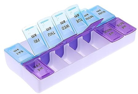 Pastillero Grande, Caja Medicamentos Organizador, Pastillero Semanal 2 Tomas, Pill Box, Organizador Medicamentos, Pastillas, 3x18,5x9,5 cm, 14 compartimentos Multicolor, Pastilleros Diario Braille