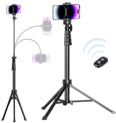 Aureday Handy Stativ Ständer 223cm Selfie Handy Stativ mit 38cm Flexibler Schlauch 360° Drehbarer, Bluetooth Fernbedienung und Halterung Stativ Ständer für iPhone, Android-Handys und Kameras