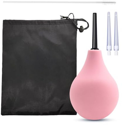 SKHAOVS 225 ML Enema Bulb Douche Comfortable Silicone Enema Kit for Men Women, Reusable Douche Kit with 2 X Reusable Silicone Slim Nozzle and 1 X Cleaning Brush, Rubber Washing Cleaning Kit (Pink)