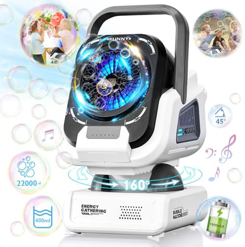Hahaland Bubble Machine Automatic Bubble Maker with Light Music, 22000+ Bubbles/Min with 400ml Solution, 160° Rotating,Rechargeable Portable Bubble Toy for Wedding,Birthday,Stage,Party, Children Gift