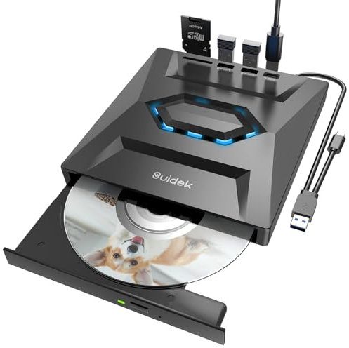 SUIDEK Externes CD DVD Laufwerk für Laptop, USB-C CD Player, tragbarer CD DVD +/-RW-ROM-Brenner mit SD-Kartenleser, USB 3.0 Typ-C-Hub, kompatibel mit Laptop, PC, Windows Linux