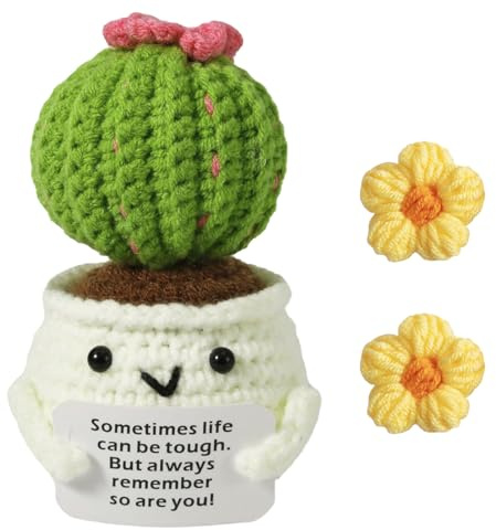 Katslyn Crochet Positive Cactus,Positive Handmade Knitted Plants Cactus Doll Toy,Funny Potato Emotional Support with Encouraging Card&2 Flower Woven Puffs for Desk Home Classroom Birthday Gifts Decor