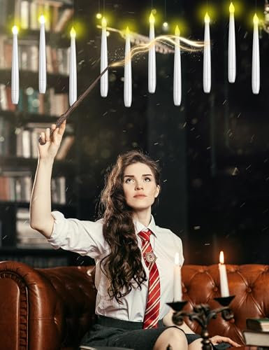CHLDYCST Schwebende Kerzen mit Zauberstab, LED Flammenlose Hängende Fliegende Kerzen für Kinder Teenager Geburtstagsfeier Weihnachten Hochzeit Party Halloween Dekoration (10 Stück)